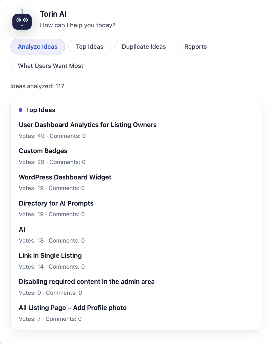 Torin AI panel showing the Analyze Ideas tab with a ranked list of top user-voted ideas.