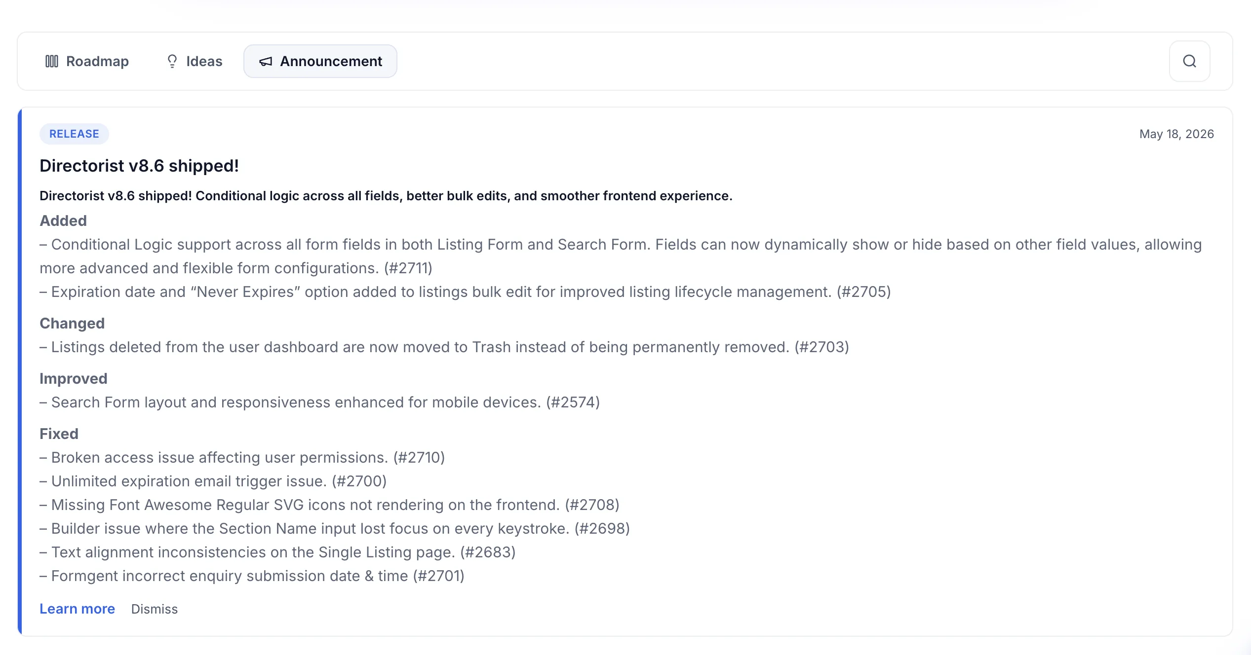 Announcements tab showing a release note for Directorist v8.6 with added, changed, improved, and fixed entries.