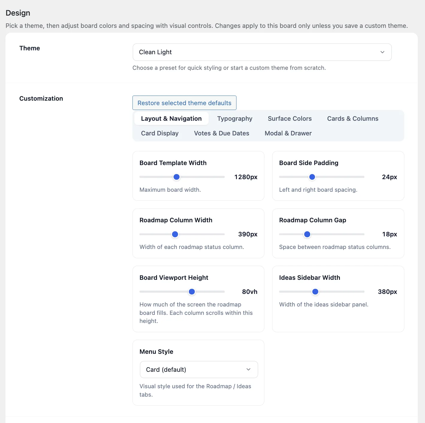 Board design controls panel showing the Layout and Navigation tab with width, padding, and viewport sliders.
