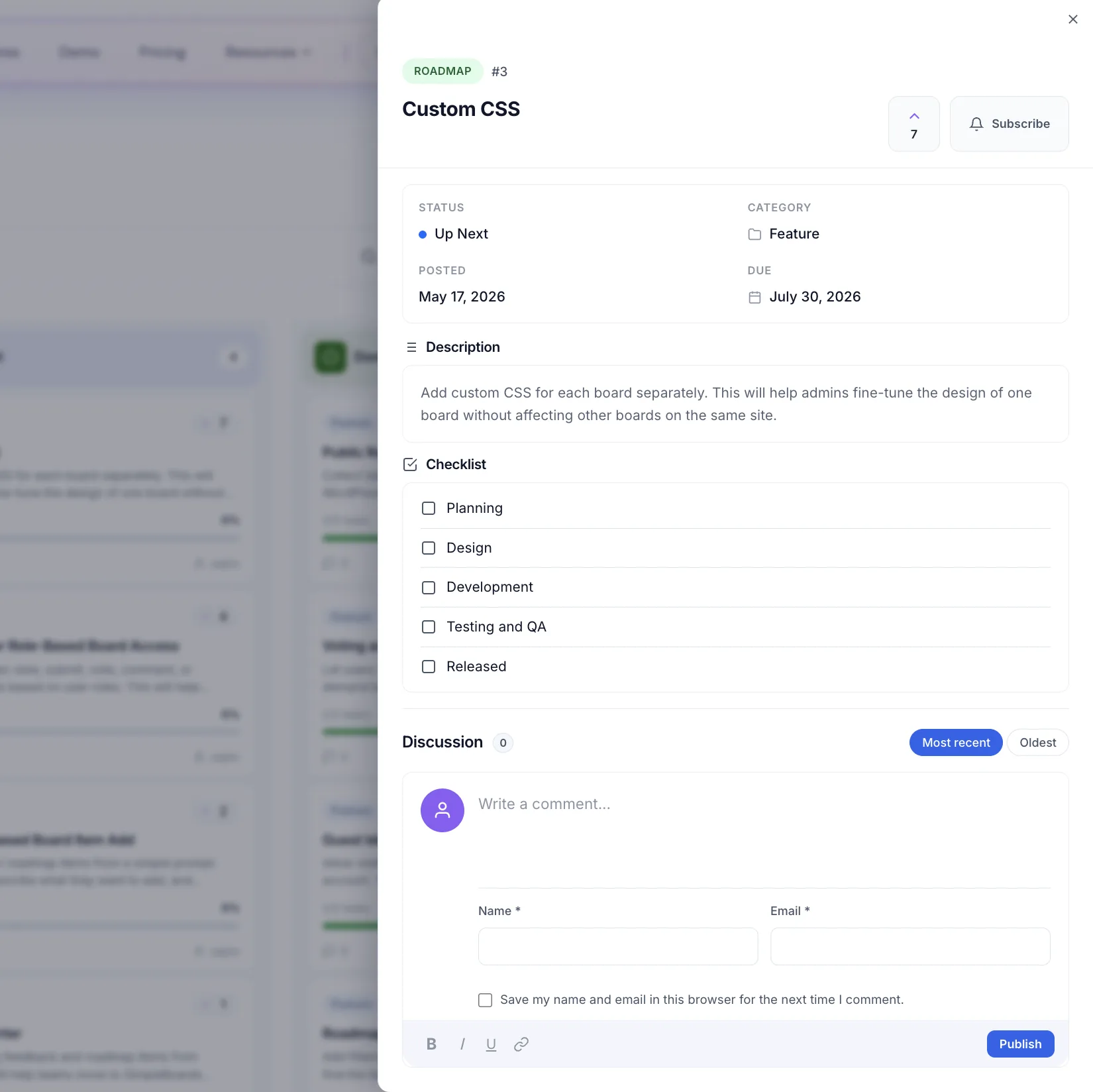 Roadmap card drawer showing checklist progress, status, description, and comments.