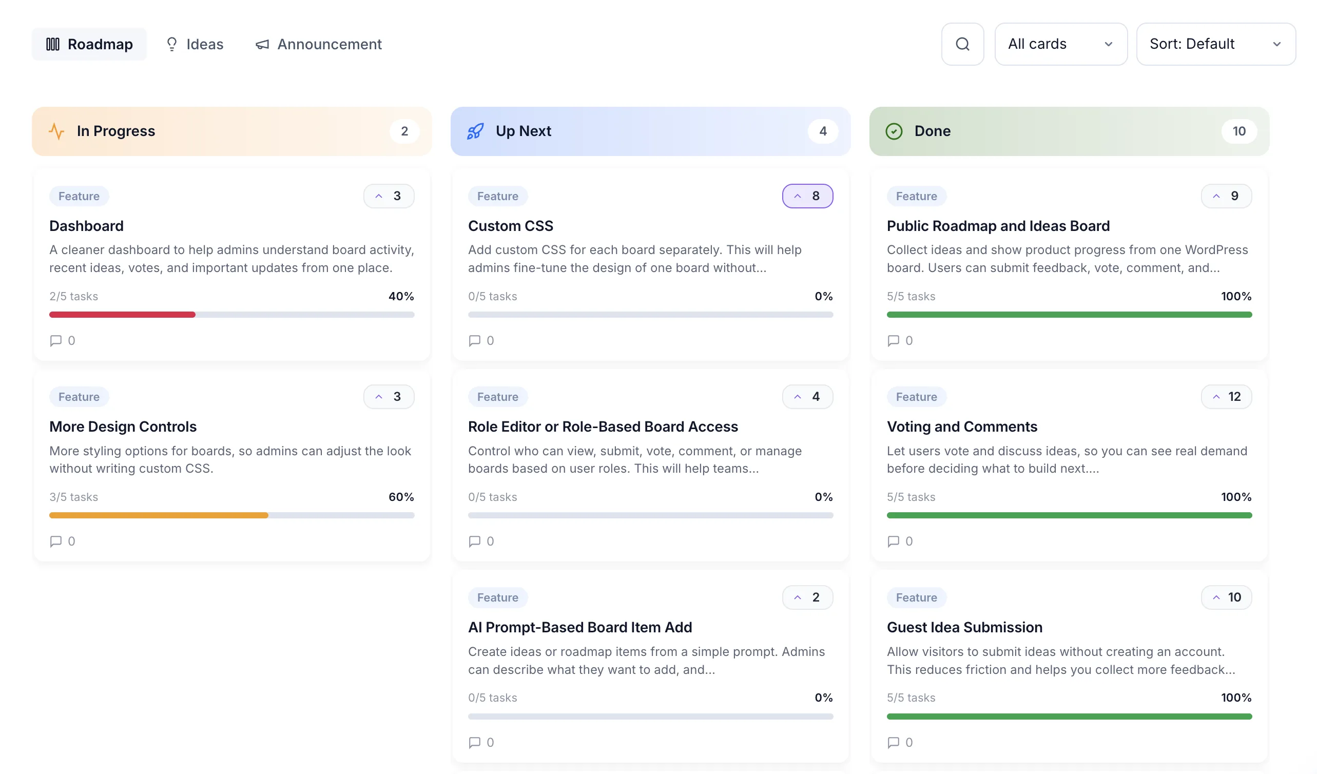 SimpleBoards roadmap board with In Progress, Up Next, and Done columns showing feature cards, vote counts, and progress bars.