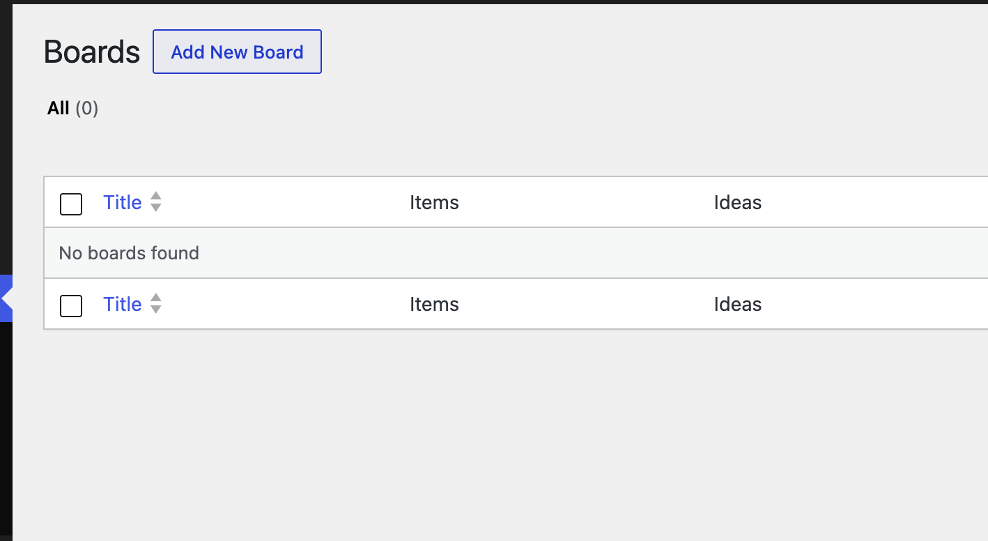 SimpleBoards admin Boards list with the Add New Board button highlighted.