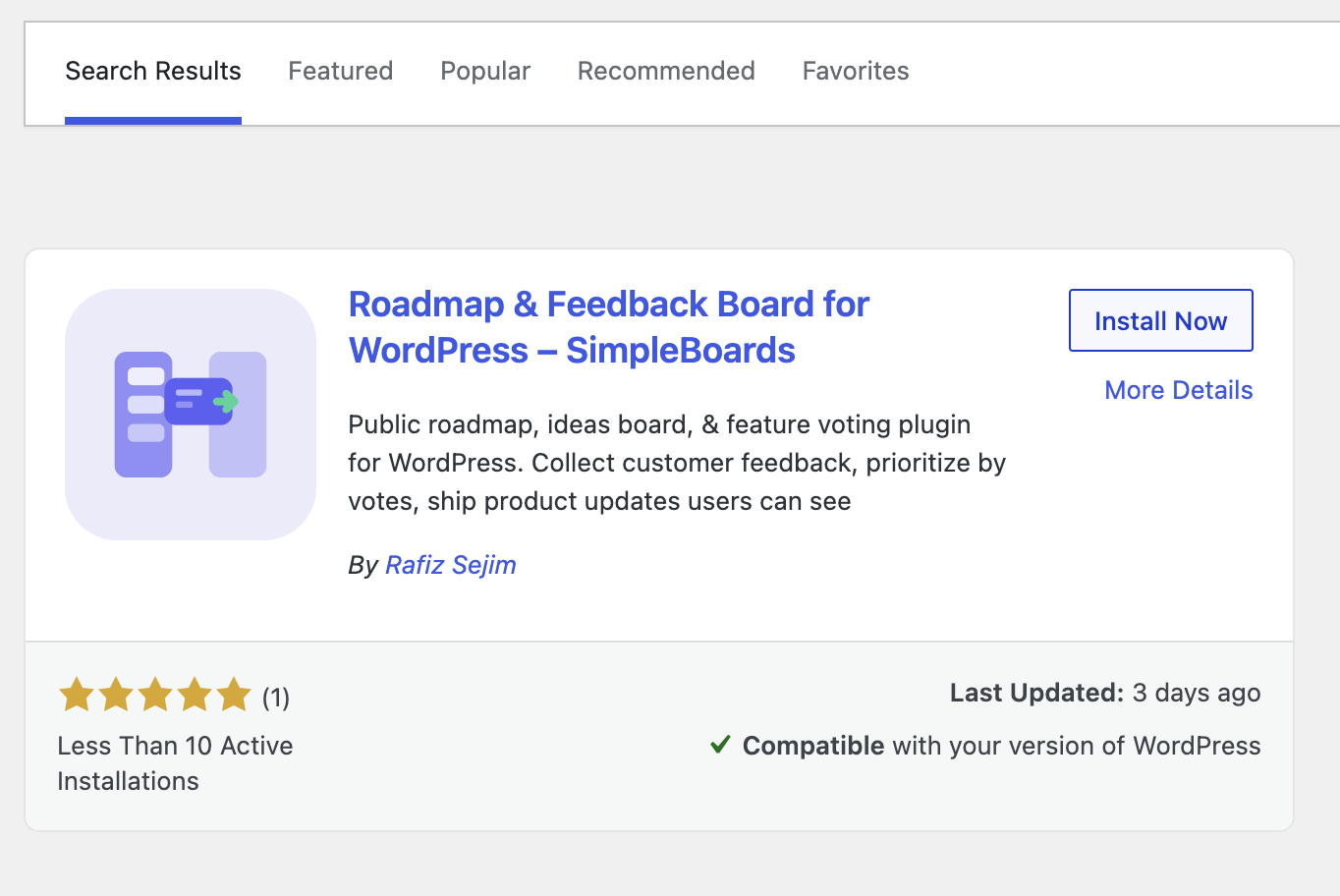 WordPress plugin directory search result for SimpleBoards with the Install Now button visible.
