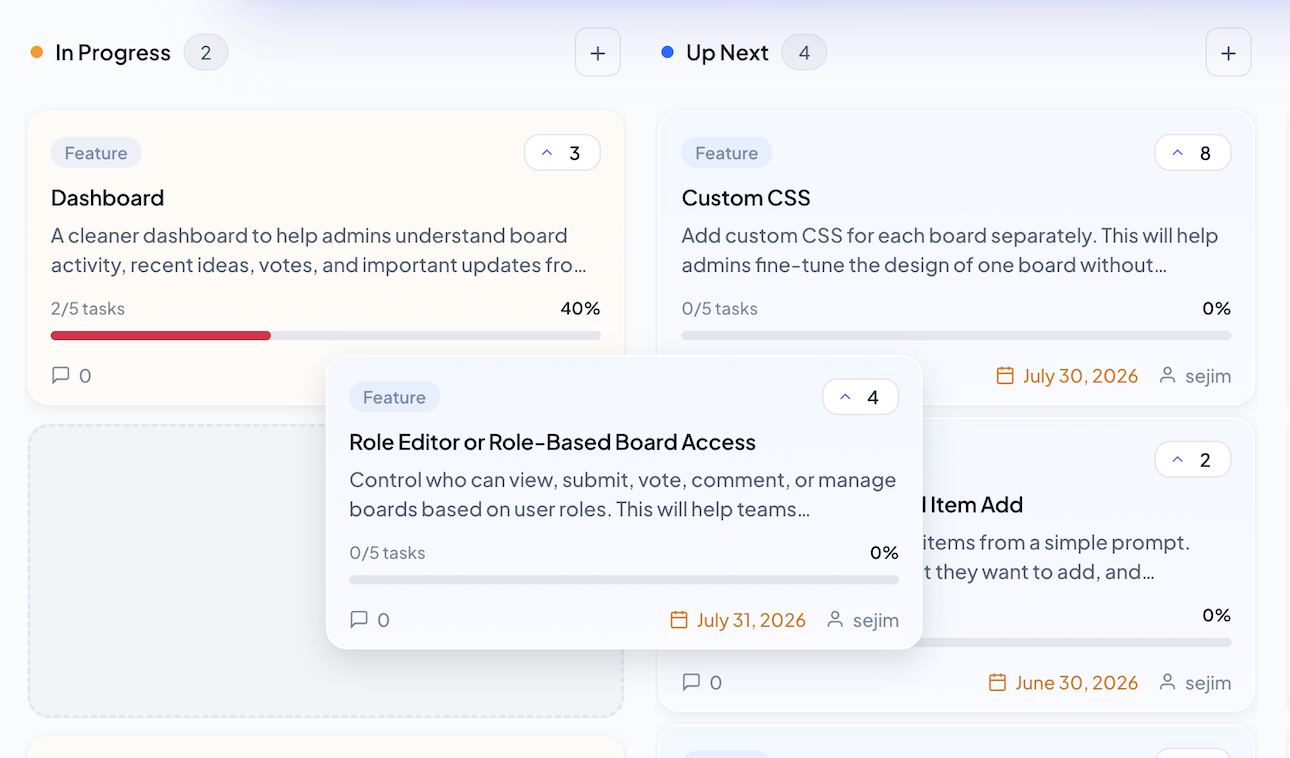 Live SimpleBoards roadmap with In Progress, Up Next, and Done columns full of voted cards.