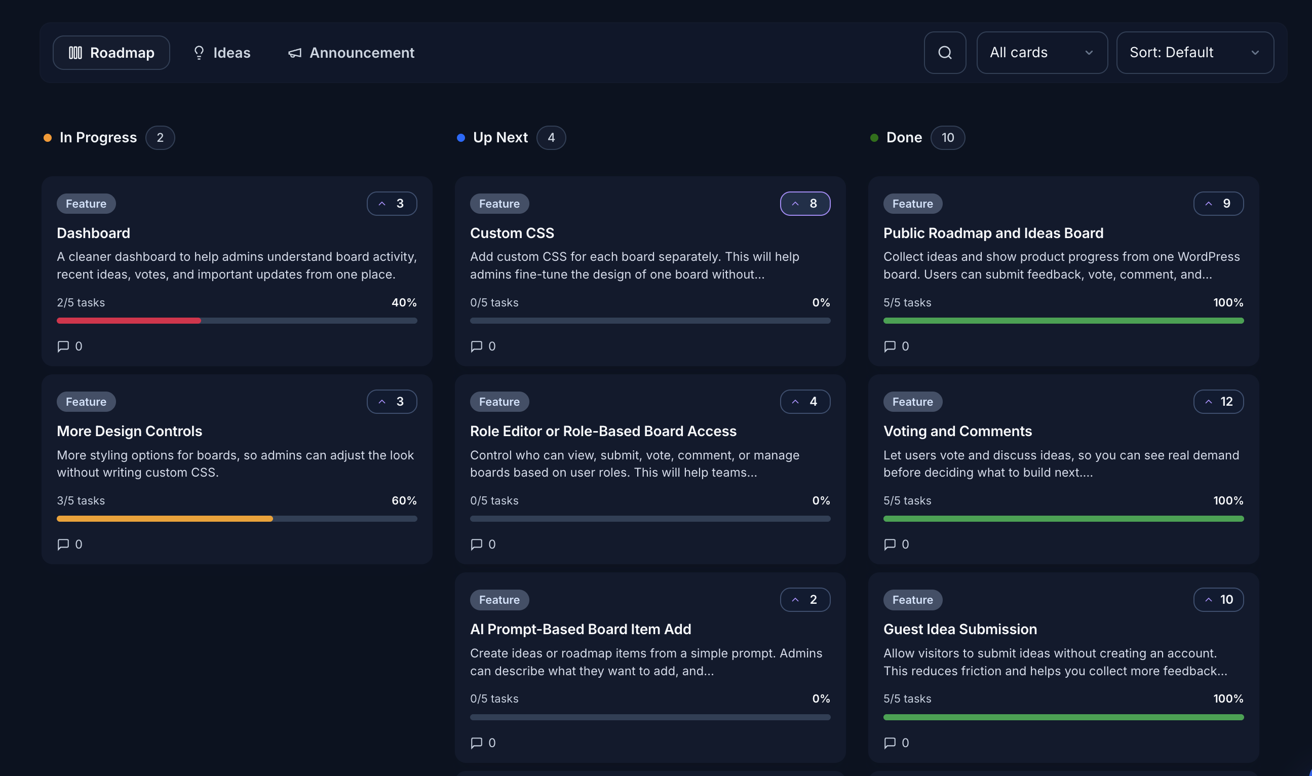 SimpleBoards roadmap board with the Midnight Glass dark theme.