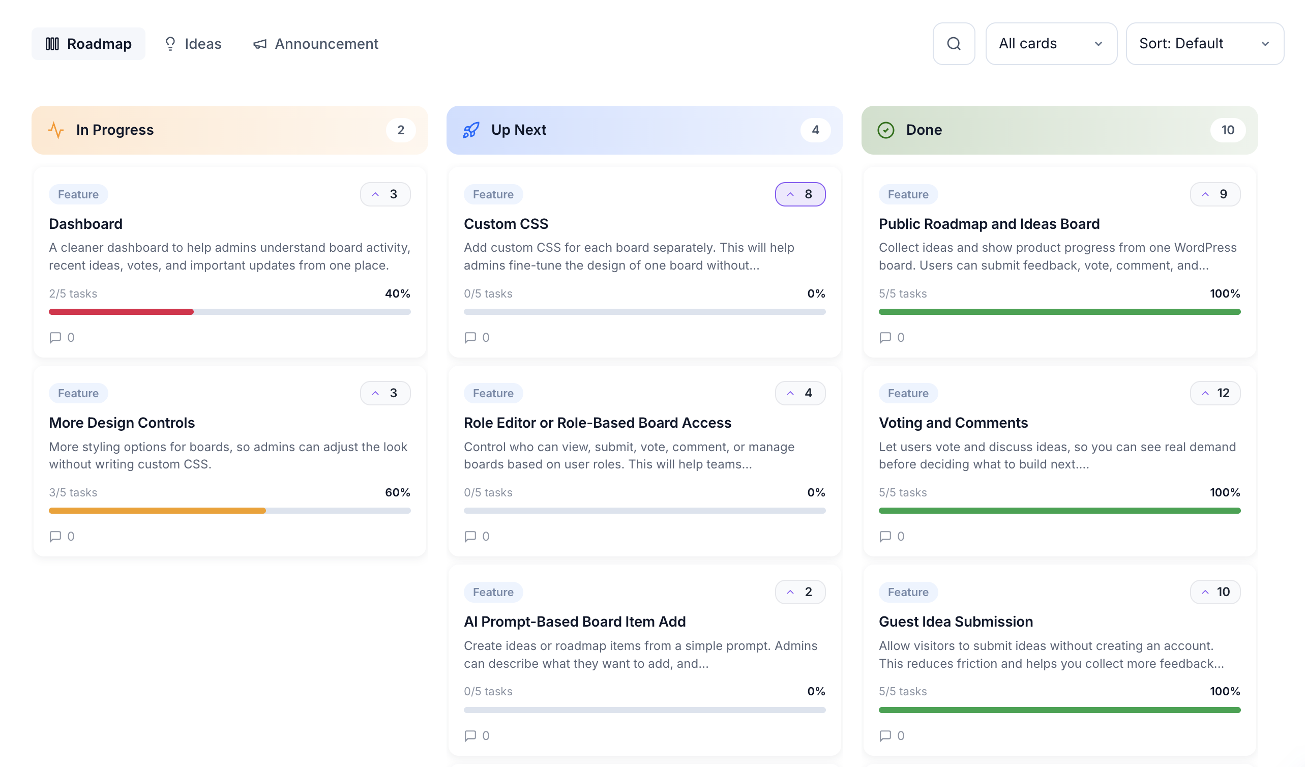 SimpleBoards roadmap board with the Clean Light theme.