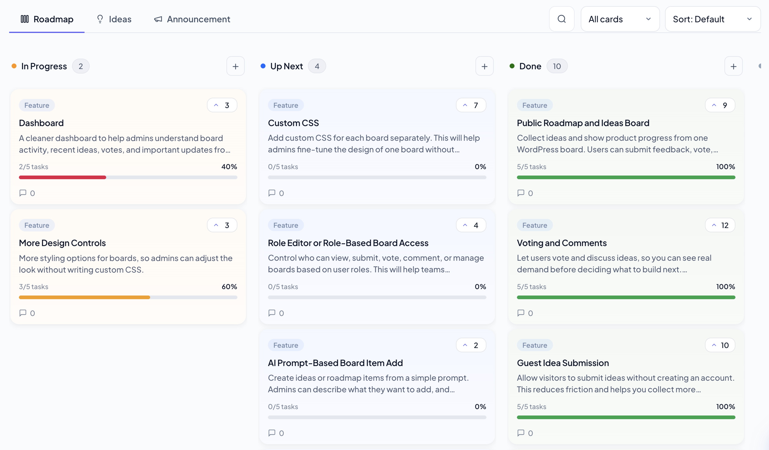 SimpleBoards roadmap board with the Pulse theme.