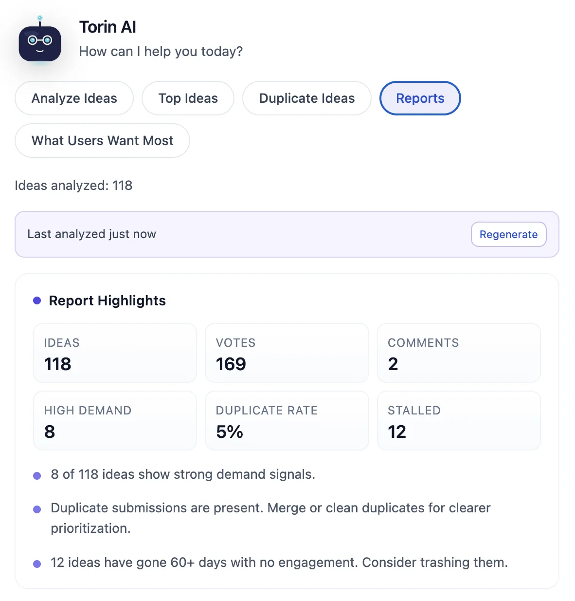 Torin AI panel showing the Reports tab with idea, vote, and demand-signal counts.