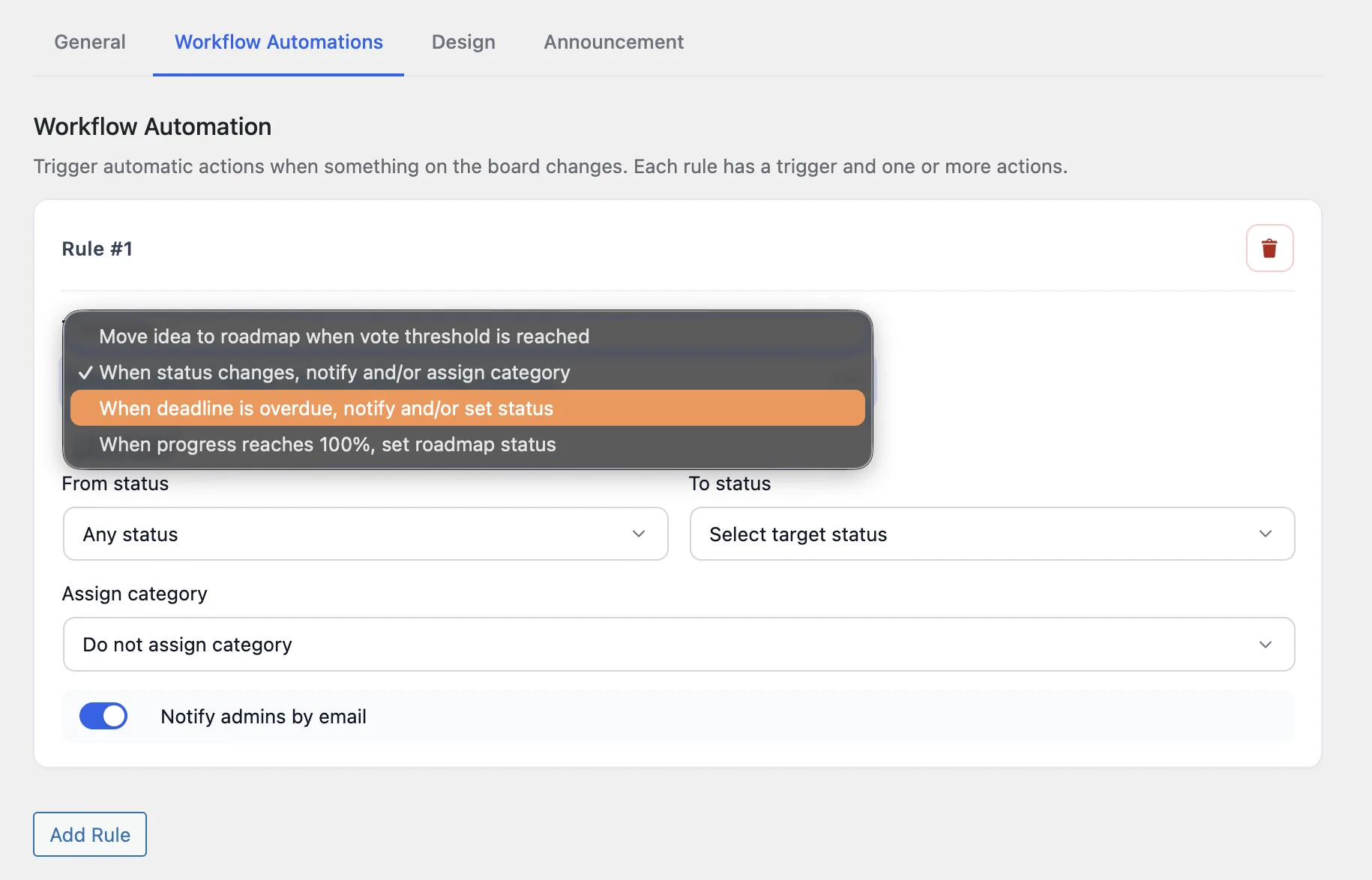 Workflow Automations rule builder with trigger and target status options.